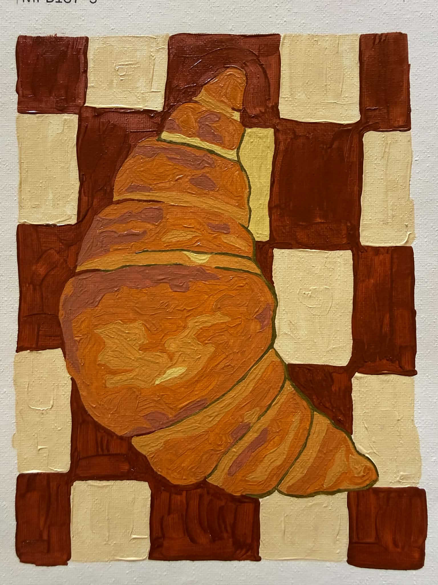 Framed painting of a golden croissant on checkered background