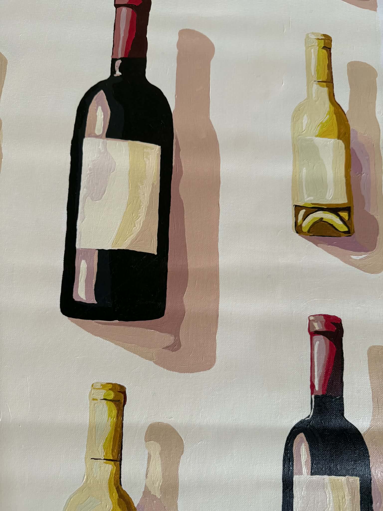 Painting of wine bottles with soft pink shadows